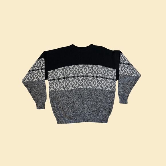 Vintage 80s/90s sweater, size XXL black/grey geometric crewneck knit pullover - Picture 1 of 9